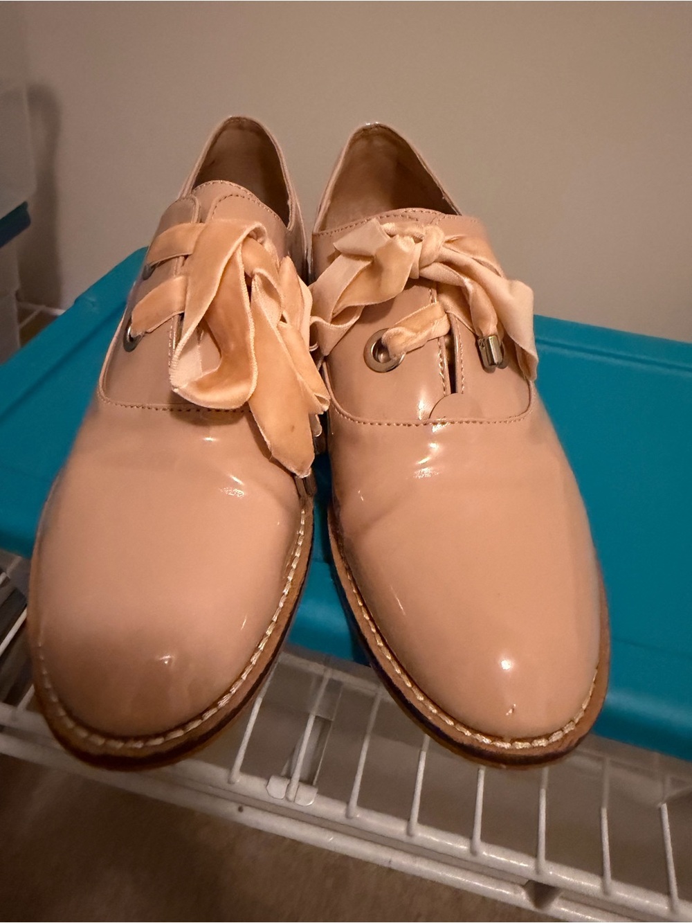 Shellys London Nude Patent Lace-Up Flats